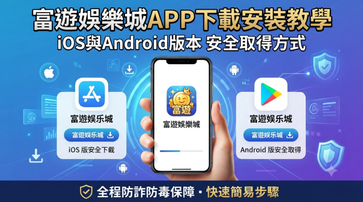 圖片上方以清晰的繁體中文標題標示「富遊娛樂城APP下載安裝教學」以及「iOS與Android版本安全取得方式」。 畫面中央由一隻手持手機展示下載介面，左右兩側分別列出iOS（App Store）與Android（Google Play）的安全下載按鈕與說明，並強調「全程防詐防毒保障」。